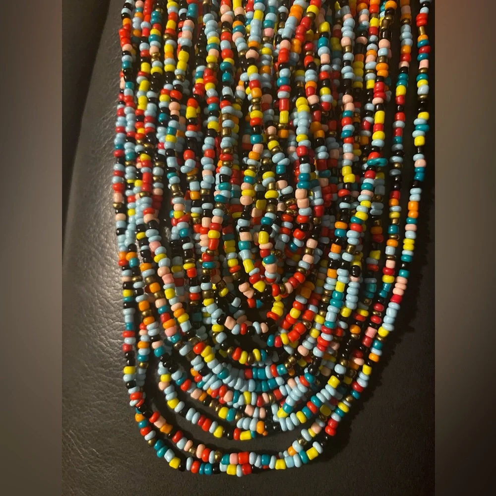 Beautiful Multicolored & Gold 20 Strand Seed Bead Statement Necklace 27”